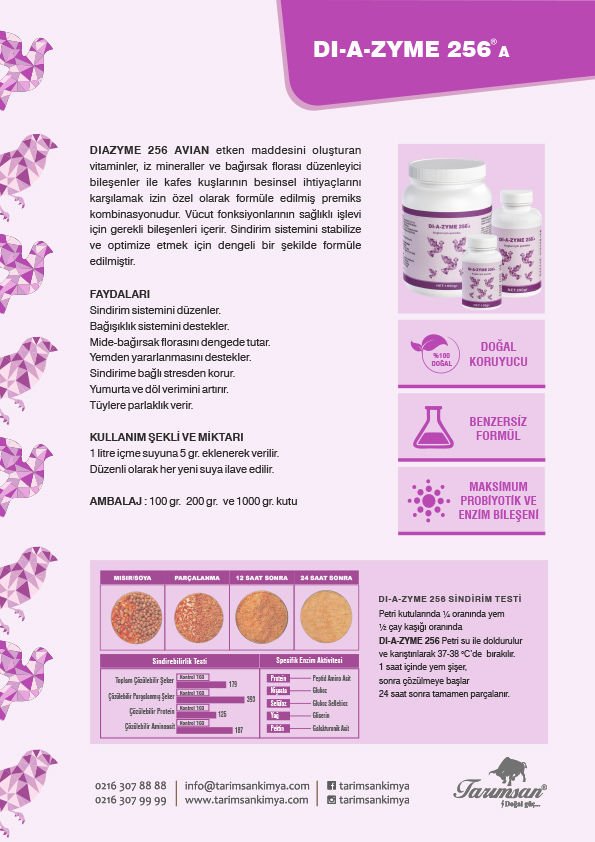 tarımsan Diazyme 256 Probiyotik Kuş Sindirim Düzenleyici 200gr