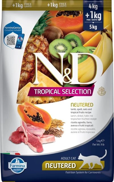 N&D Tropical Selection Kuzu Etli ve Tropikal Meyveli Kısırlaştırılmış Kedi Maması 4kg + 1kg HEDİYE!