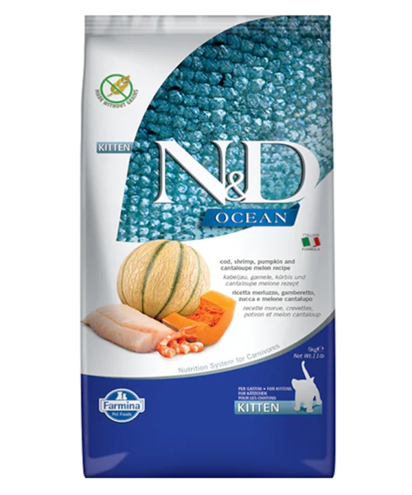 N&D Ocean Morina Balıklı Bal Kabaklı Karidesli ve Kavunlu Tahılsız Yavru Kedi Maması 5kg