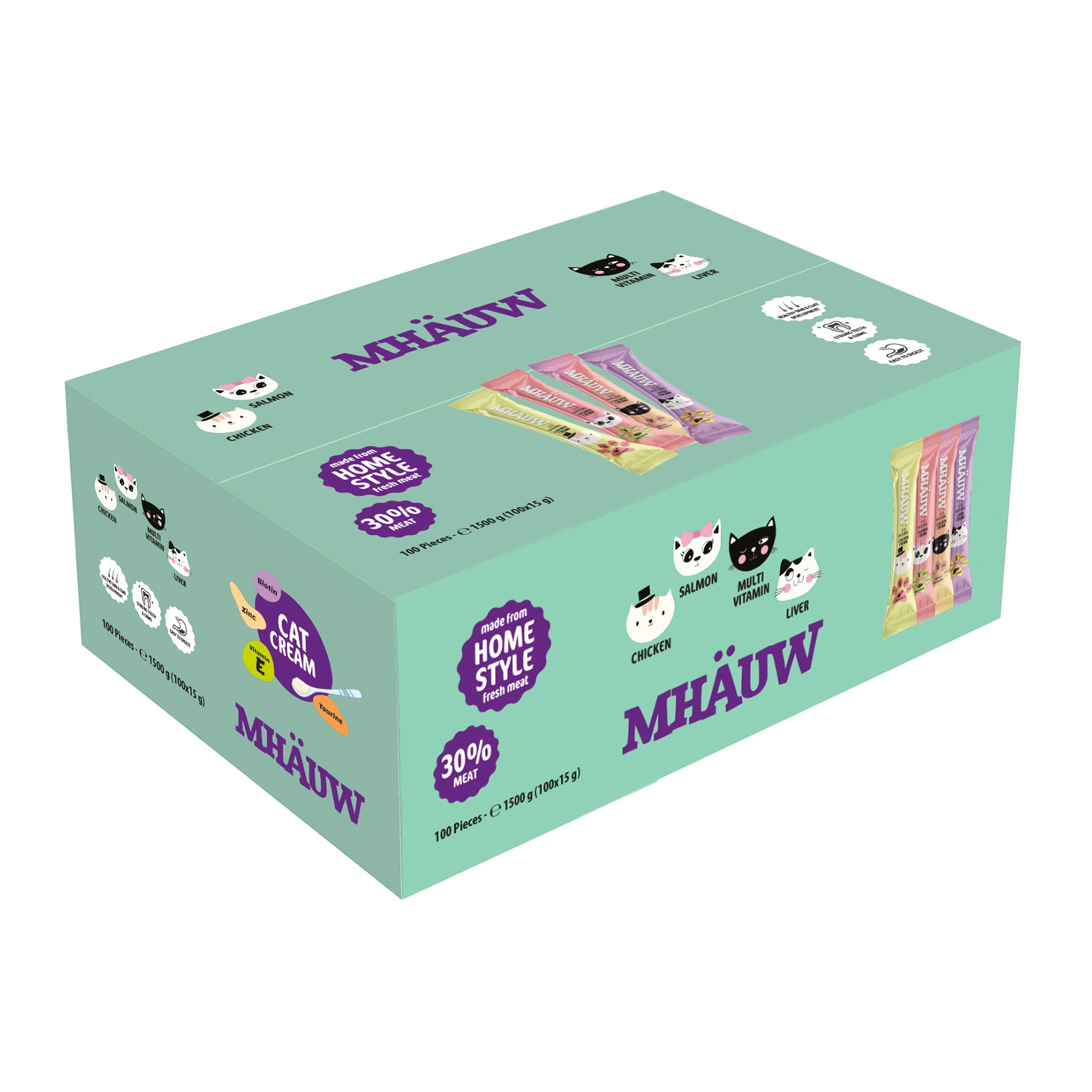 Mhauw Mix Tavuklu Ciğerli Somonlu Multivitamin Kedi Kreması – 15g x 100 ADET