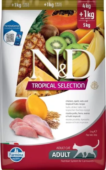 N&D Tropical Selection Tavuklu ve Tropikal Meyveli Yetişkin Kedi Maması 4kg + 1kg HEDİYE!