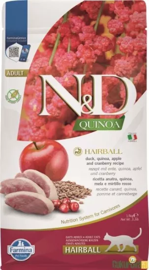 N&D Quinoa Tüy Yumağı Önleyici Ördekli Elmalı ve Kızılcıklı Tahılsız Yetişkin Kedi Maması 1,5kg