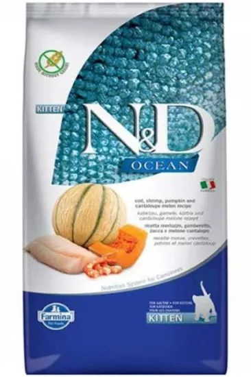 N&D Ocean Morina Balıklı Bal Kabaklı Karidesli ve Kavunlu Tahılsız Yavru Kedi Maması 1,5k
