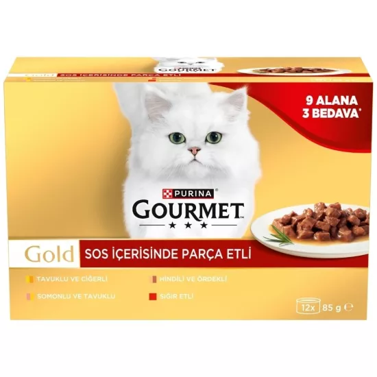 Gourmet Gold Soslu Parça Etli Karışık Çeşitli Yetişkin Kedi Konservesi 12x85gr (12 AL 9 ÖDE)