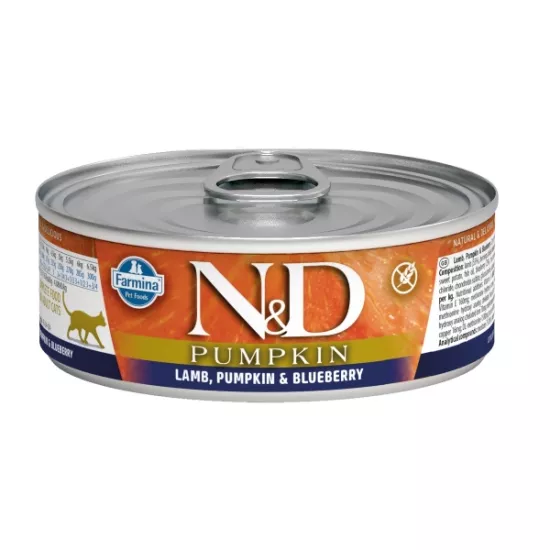 N&D Pumpkin Balkabaklı Kuzulu ve Yaban Mersinli Tahılsız Yetişkin Kedi Konservesi 70gr