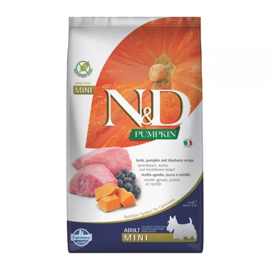 N&D Pumpkin Mini Bal Kabaklı Kuzulu ve Yaban Mersinli Küçük Irk Tahılsız Yetişkin Köpek Maması 2,5kg