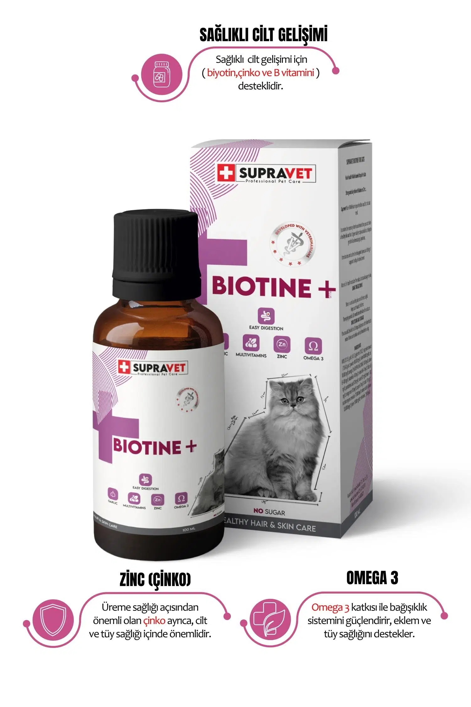 Supravet Plus+B For Cats Biotine+Zinc+Multi Vitamin Kediler İçin Tüy Sağlığı Damla 100 ml