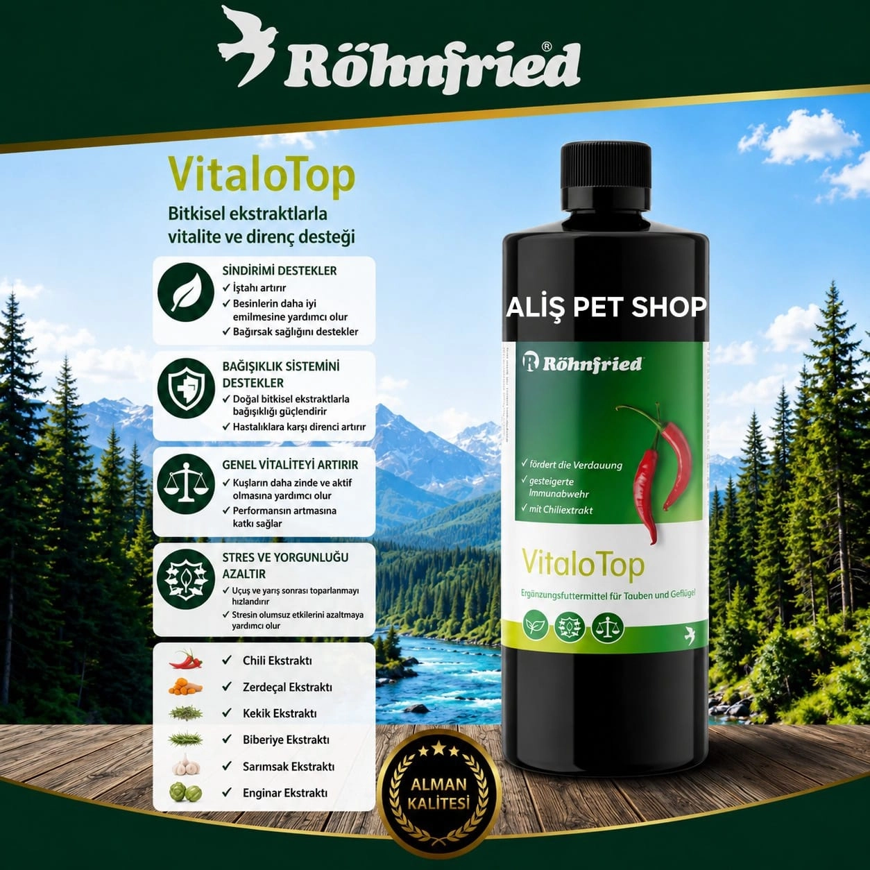 VitaloTop - 500 ml - acı biber, ısırgan otu ve biberiye içeren, yarış güvercinleri için optimize edilmiş bitki özü karışımı